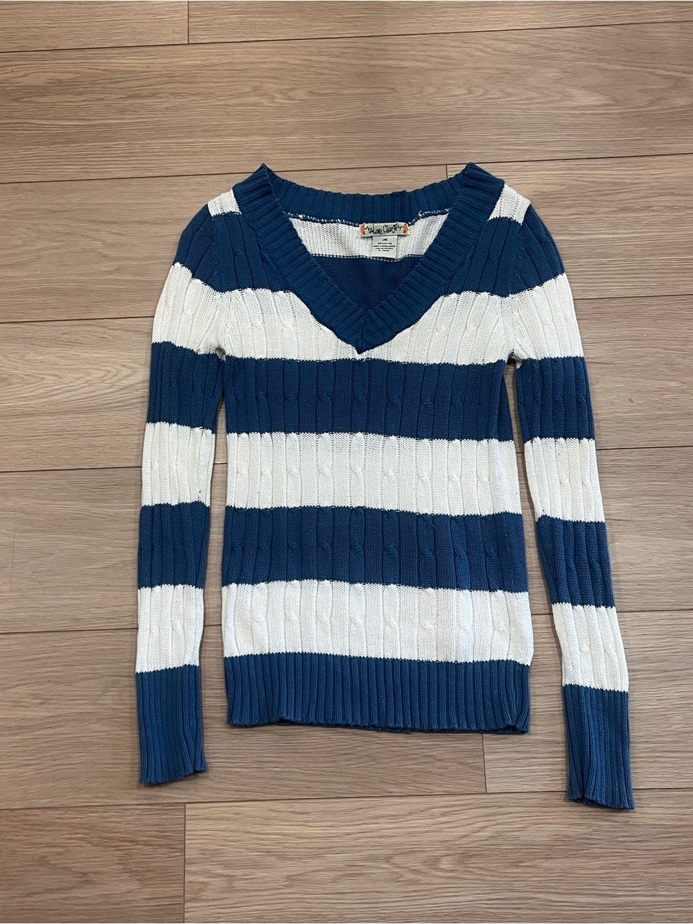 Love Change Blue White Striped Cable Knit V Neck Sweater Coastal Preppy Y2K